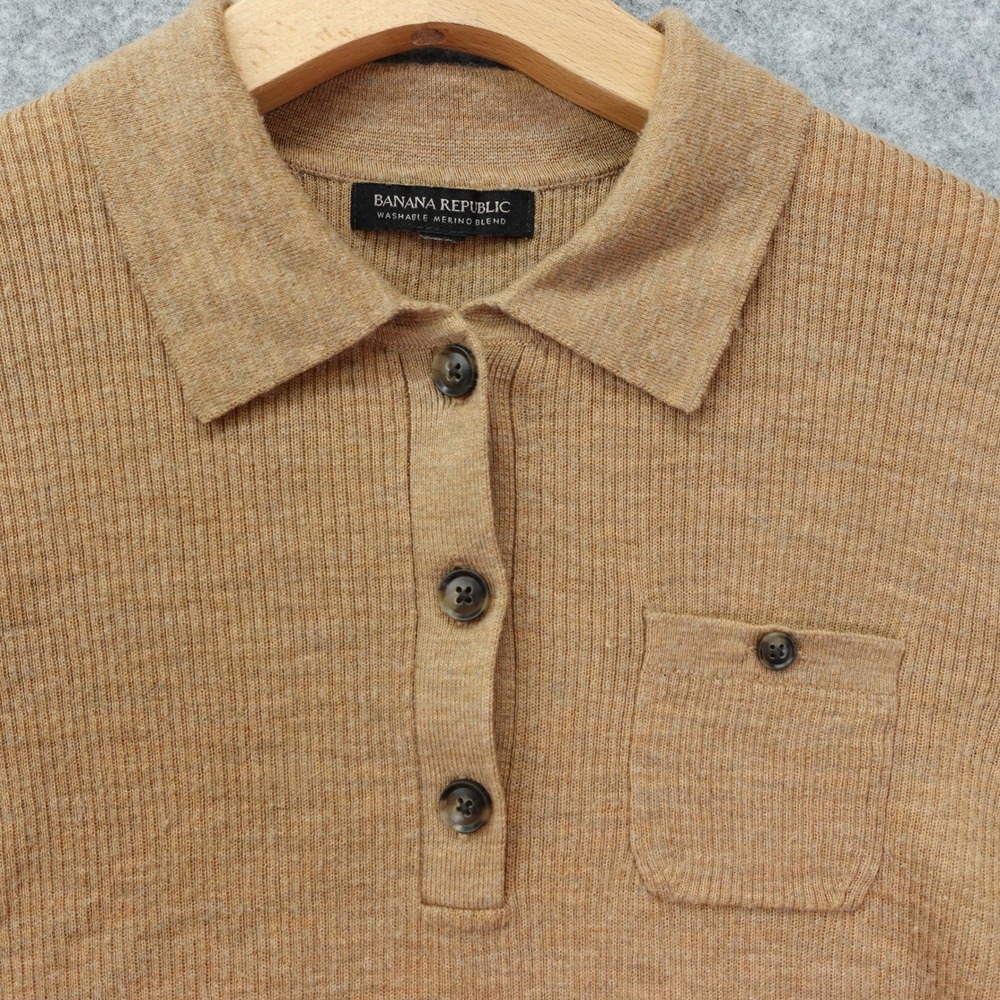 Banana Republic Camel Polo Sweater Womens M Washable Merino Fall Cozy Ivy Preppy - Picture 8 of 11